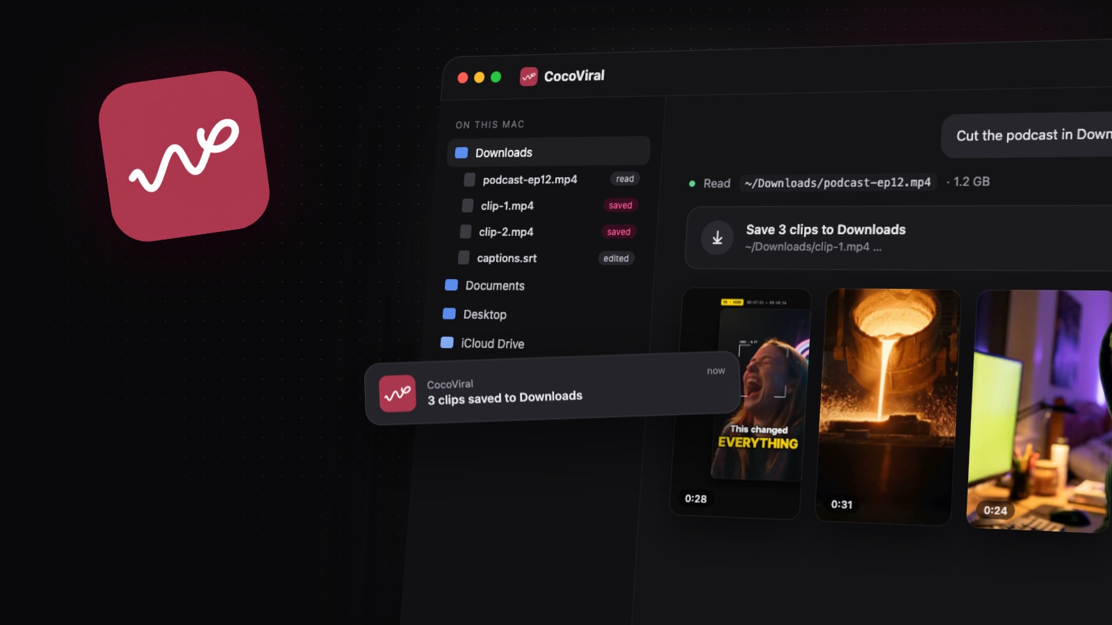 The CocoViral Mac app cutting a podcast in Downloads into vertical clips, with a notification that they were saved